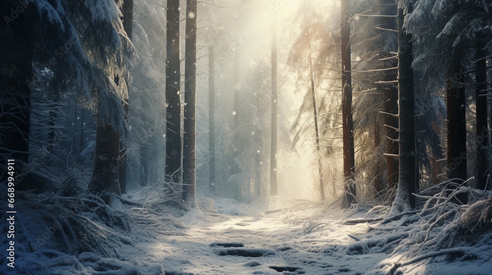 A dense forest blanketed in snow, branches heavy and sparkling under a muted winter sun.