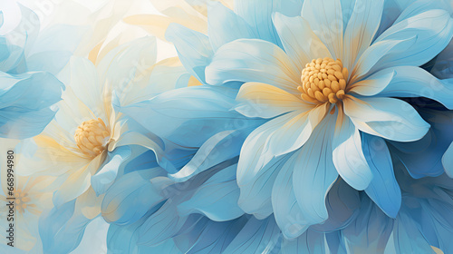 Ornate pattern with vintage blue and yellow chrysanthemums
