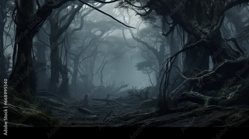 A dense forest shrouded in fog, with ghostly tree silhouettes emerging from the mist.