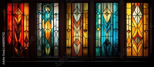 Geometrically arranged stained glass windows in historic doors allow diffused light through lead sealed art nouveau cubist styles photo