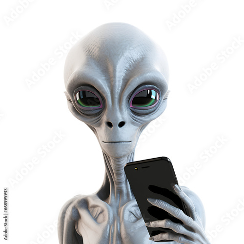 Alien operating mobile phone on transparent background PNG