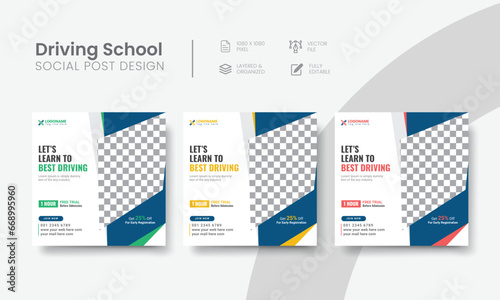 Driving school social media post for wanted to learn promo ads design. High-quality vehicle driving school social media post layout for promotional advertising. Vol - 15
