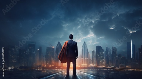 Dynamic Global Collaboration: Superhero Businessman Leading Partnerships in Cityscape Conference – Teamwork, Trust, and Success in International Business photo
