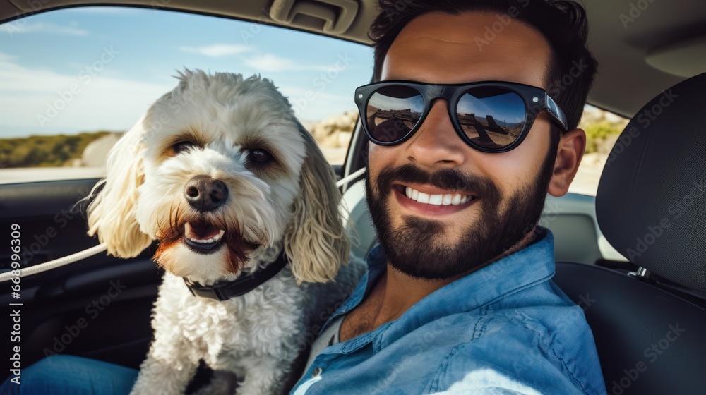 Happy Man Taking a Selfie with His Dog in a Car AI Generated Happy Man Taking a Selfie with His Dog in a Car AI Generated