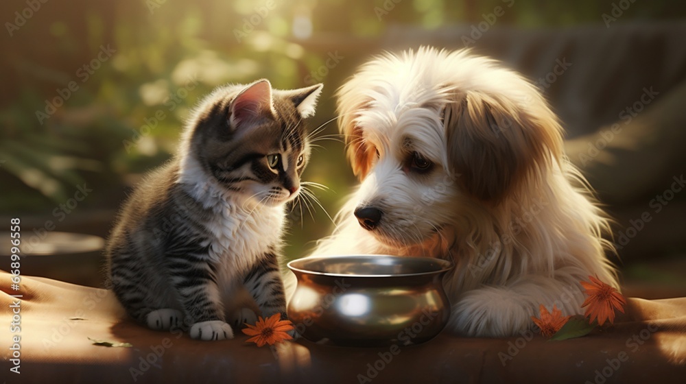A dog and cat sharing a food bowl, exemplifying a rare and heartwarming truce.
