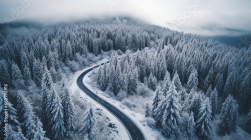 Aerial View of Winding Road in Winter Forest AI Generated