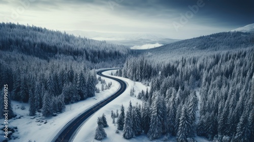 Aerial View of Winding Road in Winter Forest AI Generated © AlexandraRooss