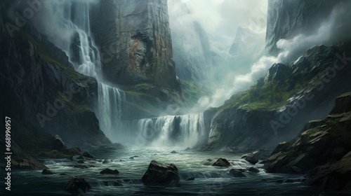 A dramatic view of a mountain waterfall, its waters cascading down with force, creating a misty aura.
