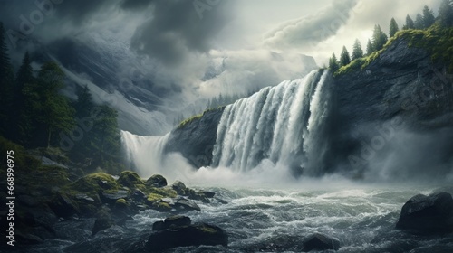 A dramatic view of a mountain waterfall, its waters cascading down with force, creating a misty aura.
