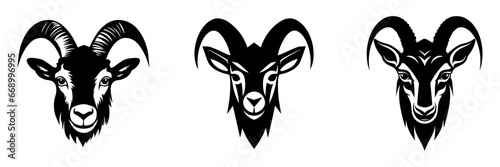Goat face icon. Goat logo design. Set of black goat icons.