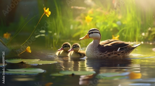 A family of ducks swimming in a tranquil pond, the ducklings following the mother in a neat line. photo