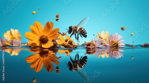 Bee Flying to Flowers over Psychedelic Water AI Generated