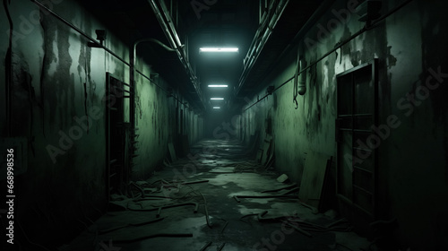 Dimly lit, abandoned corridor.