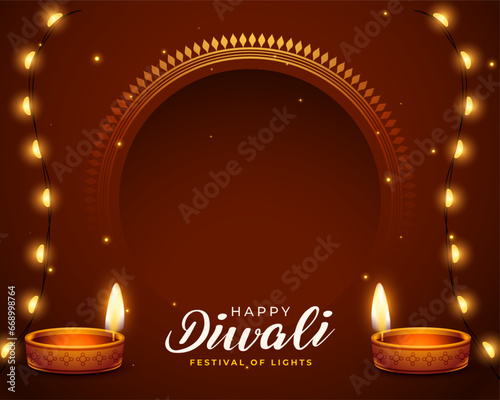 happy diwali festival background with oil lamp and light festoon vector
