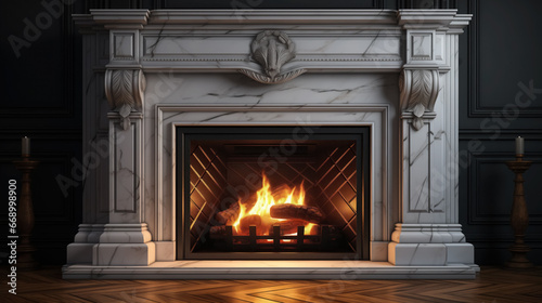 Warm fire glowing in ornate fireplace.