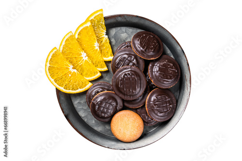 Orange Flavored Round Jaffa Cakes with Chocolate. White background. Top view