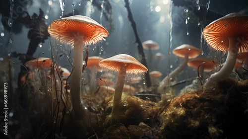 Luminous mushrooms in a mystical forest.