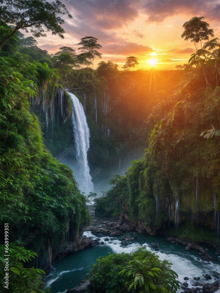 charming vivid HDR illustration of jungle with waterfall and sunset rays in the background. Generative Ai. charming vivid HDR illustration of jungle with waterfall and sunset rays in the background. Generative Ai.