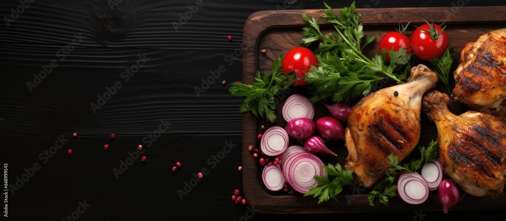 Top down view of chicken legs on a grill alongside a garden radish on a dark background
