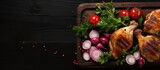 Top down view of chicken legs on a grill alongside a garden radish on a dark background