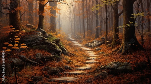 A forest path blanketed with fallen leaves  leading the viewer to wonders unknown.