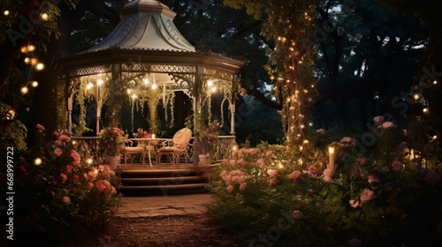 A garden gazebo at twilight, illuminated by fairy lights and set amidst a backdrop of nocturnal blooms.