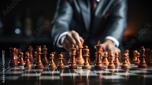 A businessman moving chess piece on chess board game. Marketing planning concept. 