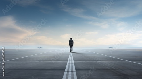 Conceptual businessman standing on the runway and looking at the future. Man standing on an empty road, psychology, and depression concept. Concept of an empty and lonely man on a path, destination.