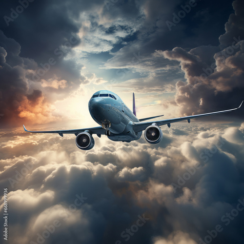 Airplane flying in the stormy clouds. White modern aircraft passing through the rain clouds. Airliner flying in the beautiful blue sky. Picture of an Airborne passenger plane in bad weather.