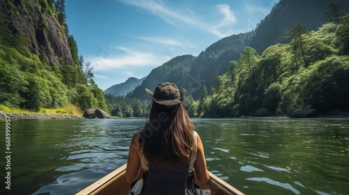 Back view of young blonde woman traveling a boat on beautiful mountain river among mountains. Girl traveler in a hat on a boat on the background of mountains on an azure mountain river. Travel concept