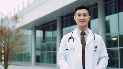 Happy Asian man doctor in white coat with a stethoscope standing outside the hospital. Portrait of a smiling Chinese male physician standing outside the clinic, on a summer day. Medic is on a break.