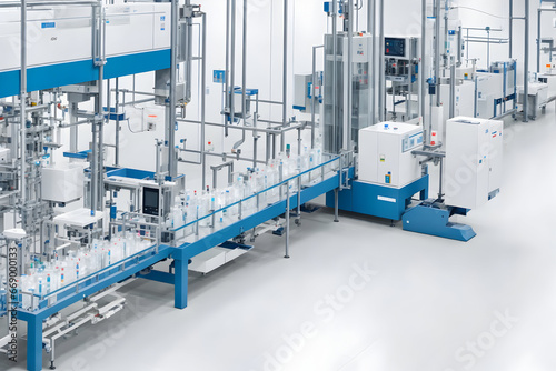 a sophisticated and clean production line within a pharmaceutical facility, where medical vials are manufactured and filled