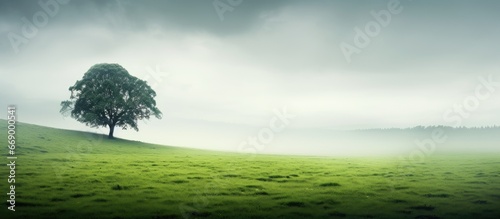 Lonesome trees within misty green meadow