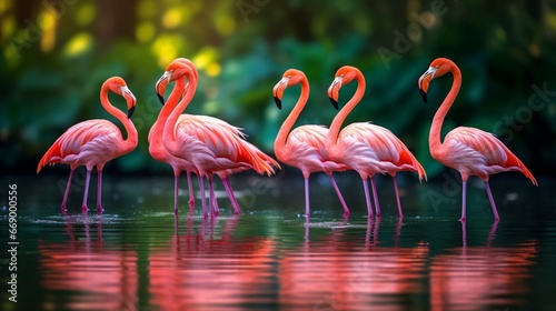 A group of vibrant flamingos gathered around a serene water body, their reflections creating a mirror image.