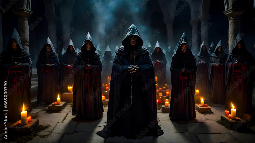 A hauntingly intense congregation of hooded figures, their fervent expressions illuminated by flickering candlelight, surrounds a grotesque stone altar in a chilling zealous ancient ritual.