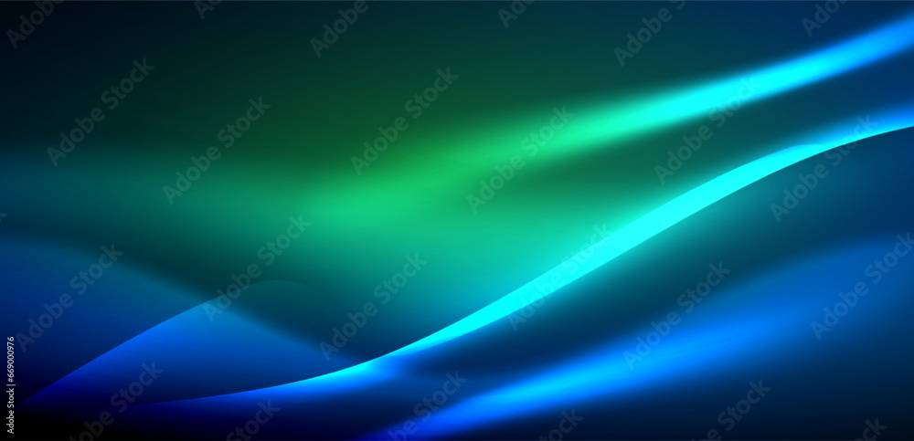 Dynamic waves in ethereal glow of neon lights. Concept merges fluidity of motion with vibrant allure of neon, crafting entrancing backdrop that embodies both vitality and futuristic sophistication Dynamic waves in ethereal glow of neon lights. Concept merges fluidity of motion with vibrant allure of neon, crafting entrancing backdrop that embodies both vitality and futuristic sophistication