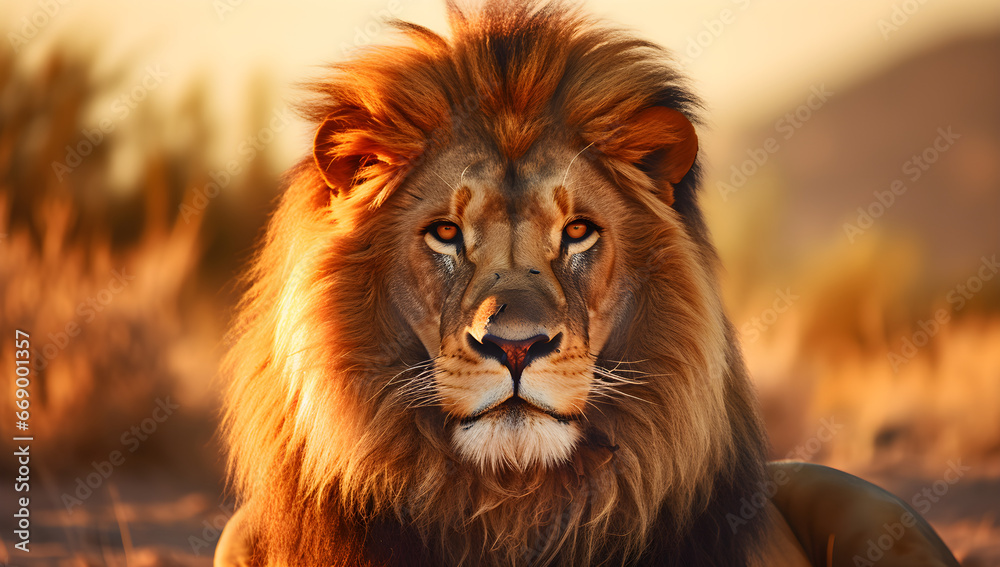 Naklejka premium a lion standing in the desert at sunset