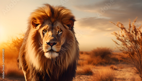 a lion standing in the desert at sunset