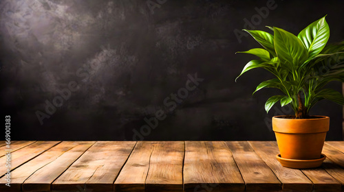 business concept, Empty wooden table, plant with pot, copy space © Nuwan Buddhika