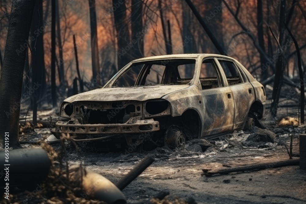 Burnt car aftermath forest fire