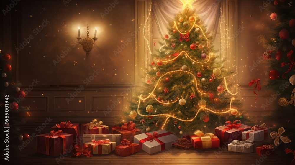 Christmas tree background with a beautifully decorated room, wrapped presents, and glowing lights, evoking a sense of holiday warmth and joy, Artwork, digital illustration,