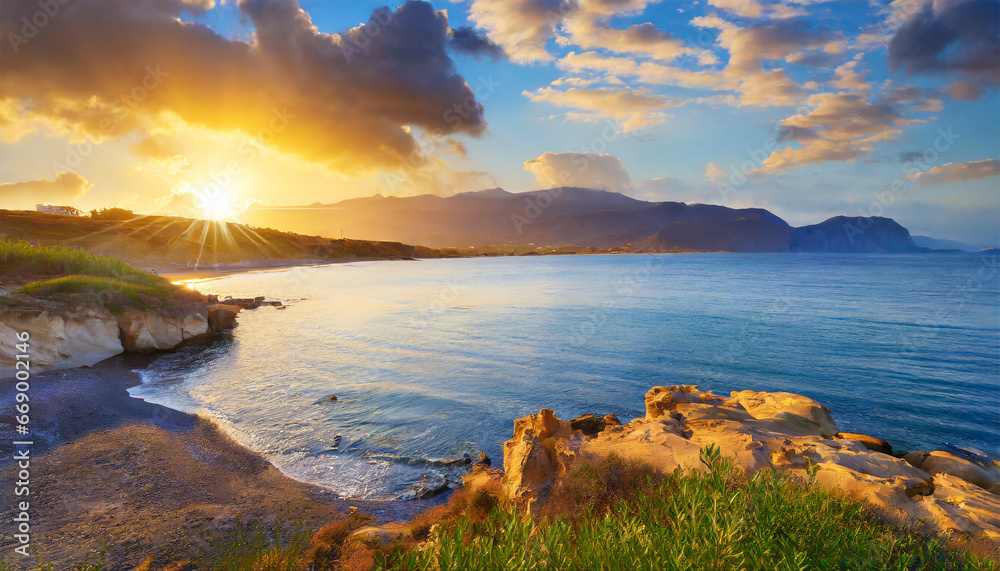 Gorgeous scenery featuring the coast of Crete, specifically the Eden Rock area near Lerapetra, Greece. The dawn paints a stunning sky over the sea