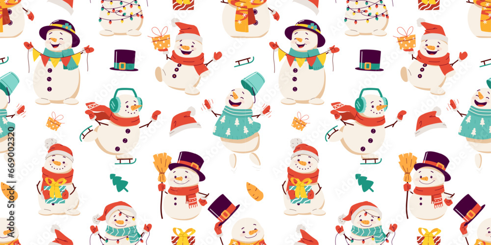 Christmas seamless pattern set. Fun and cute snowman characters in different expressions and poses, with Santa Claus hat, cylinder