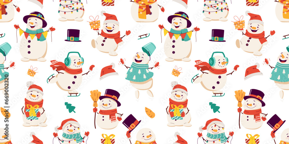 Obraz premium Christmas seamless pattern set. Fun and cute snowman characters in different expressions and poses, with Santa Claus hat, cylinder