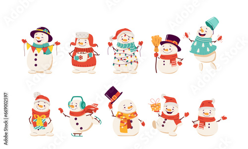Christmas set of fun and cute snowman characters in different expressions and poses, with Santa Claus hat, cylinder