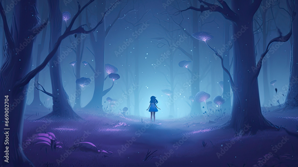 Mystical foggy gold forest with brick road, a little elf girl and fireflies light background. Magic gold colored fairytale woodland, in the night forest. Fairy tale concept. AI