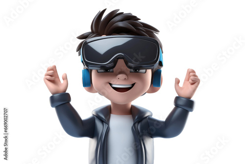 Adventurous Cartoon Boy in VR 3D Illustration Isolated on Transparent Background