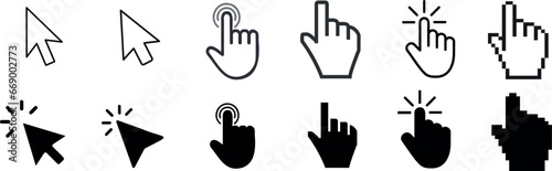 versatile cursor icon set of 12 black and white vector cursor icons. Perfect for user interface design, these icons include arrows, hands, clicks, and more. Boost your web and graphic design projects 