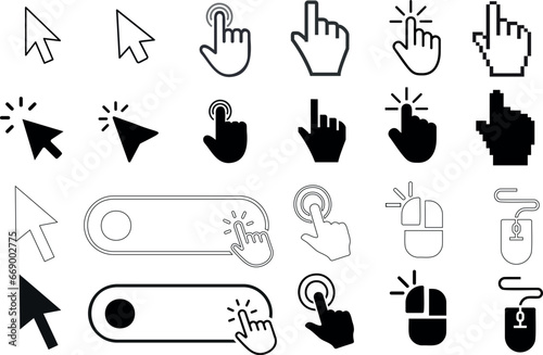 cursor and pointer icons vector illustration. Perfect for web, app, and technology design, these black and white icons include hand, arrow, finger pointers, and more.