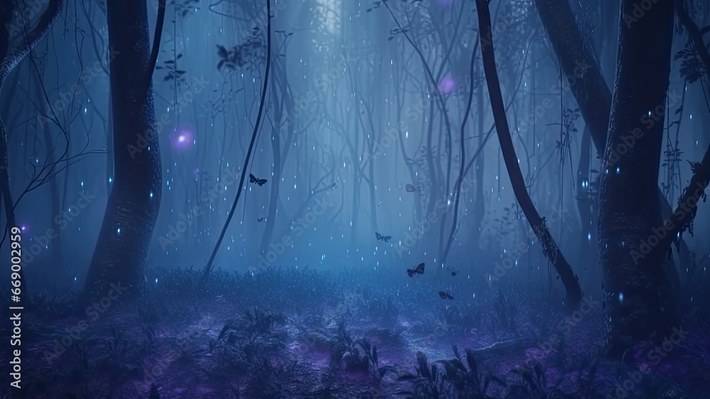 Mystical foggy gold forest with brick road, a little elf girl and fireflies light background. Magic gold colored fairytale woodland, in the night forest. Fairy tale concept. AI